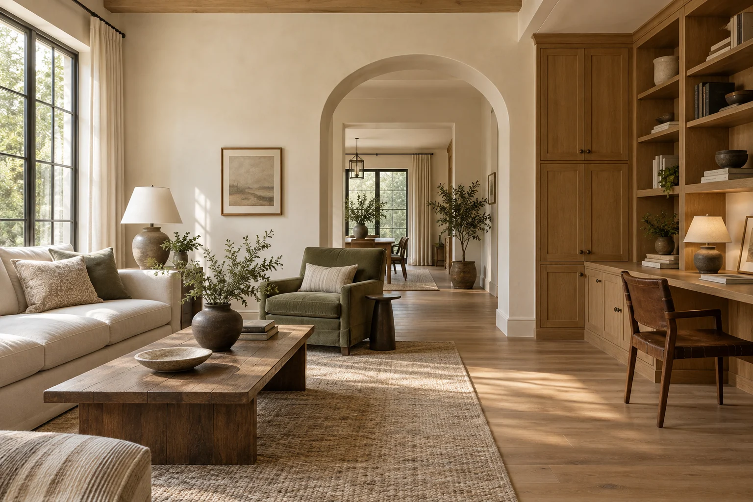 Illustrative warm living room with oak cabinetry and a useful writing corner